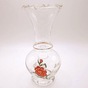 Fenton 40th Anniversary Glass Vase Floral Hand Painted Gold Accents Ruffled Edge